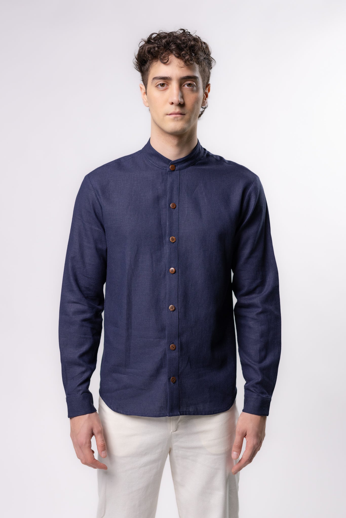 CAMISA LINO CUELLO MAO AZUL MARINO - Main Image