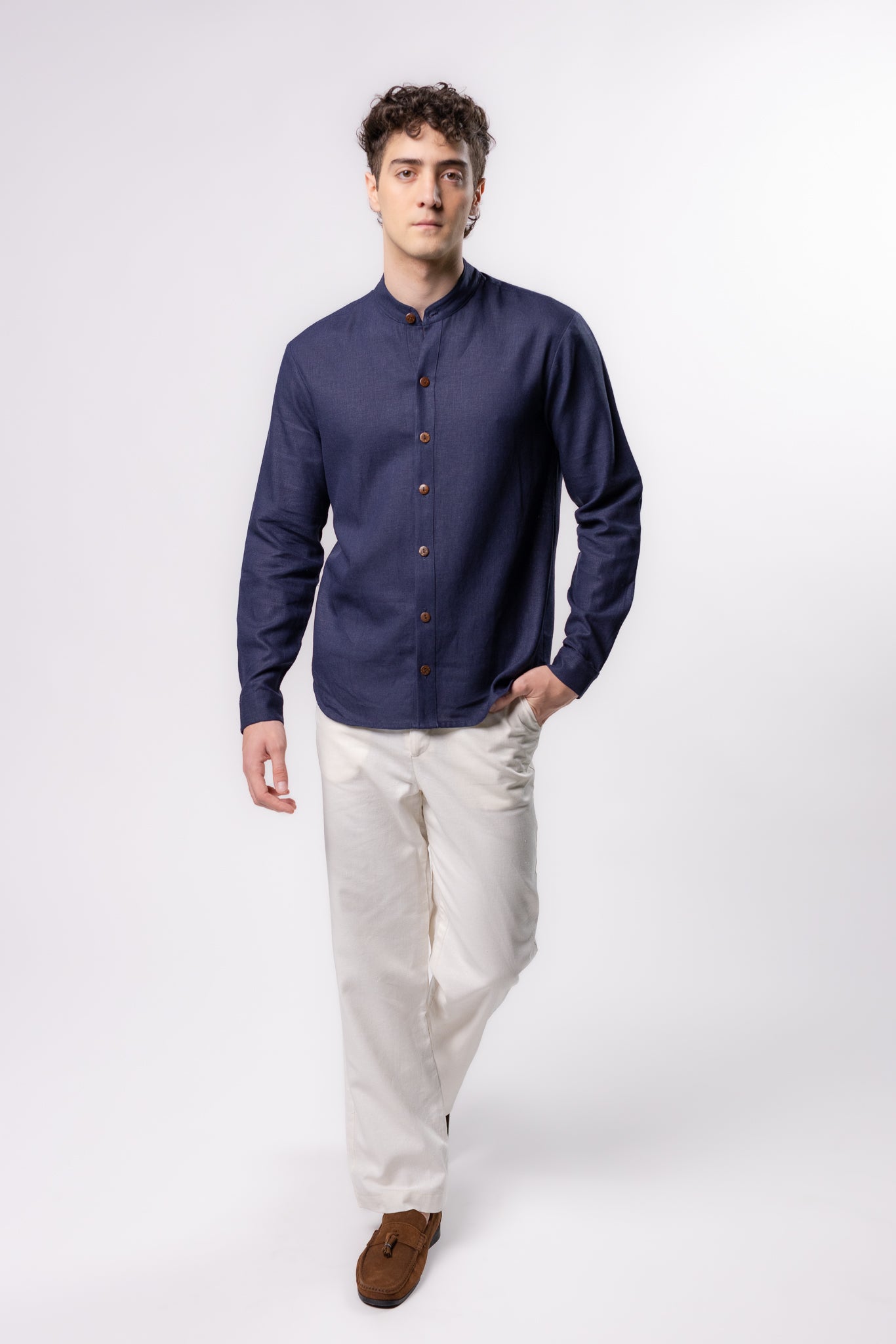 CAMISA LINO CUELLO MAO | AZUL MARINO