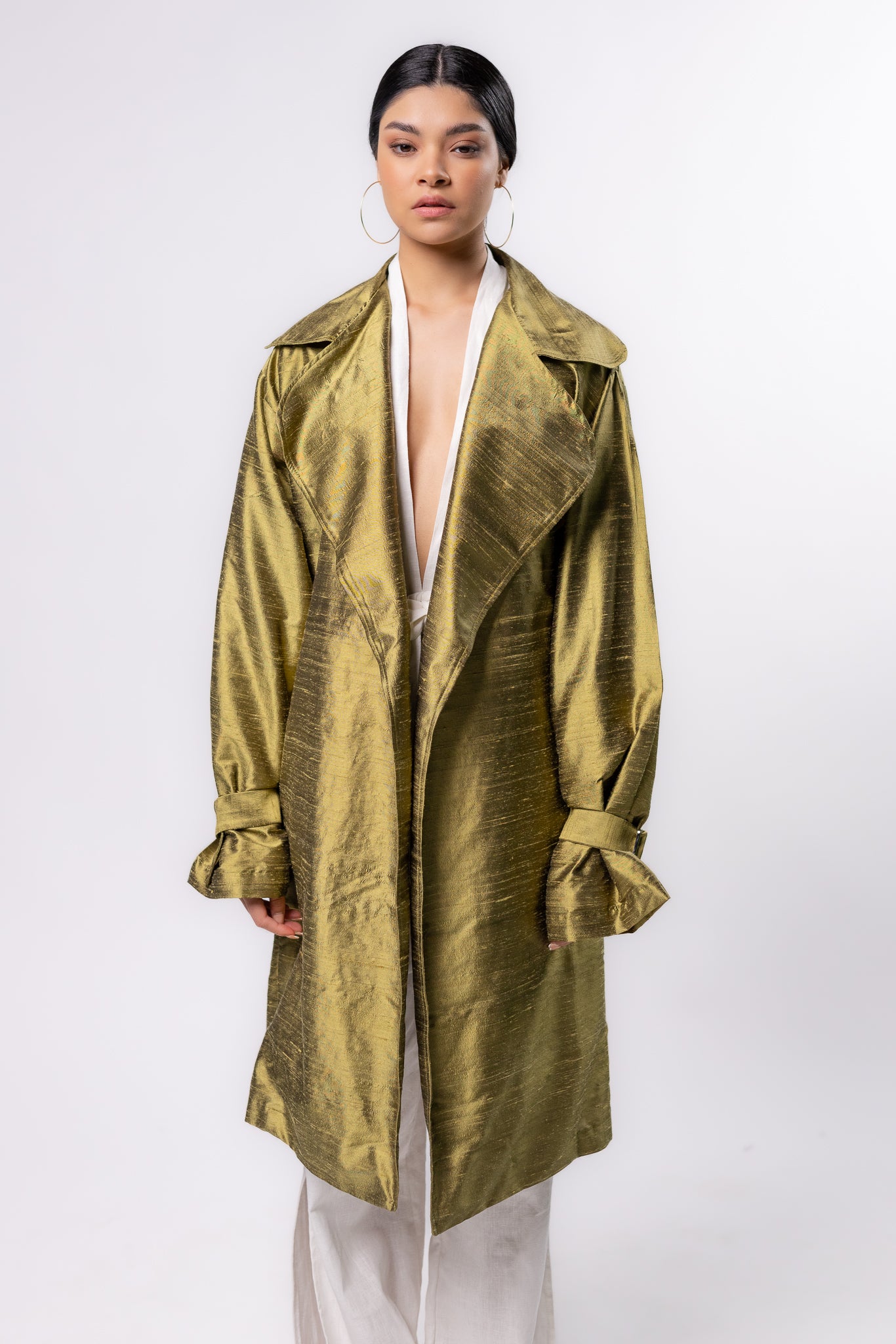 GABARDINA SHANTUNG | VERDE OLIVO METALICO MUJER