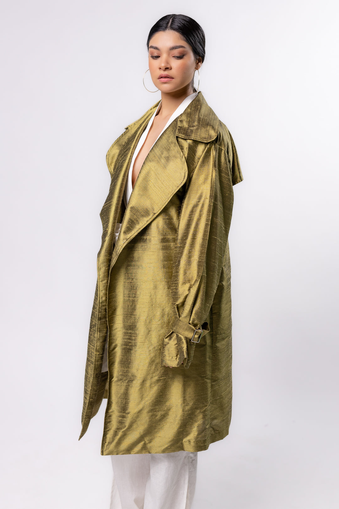 GABARDINA SHANTUNG | VERDE OLIVO METALICO MUJER