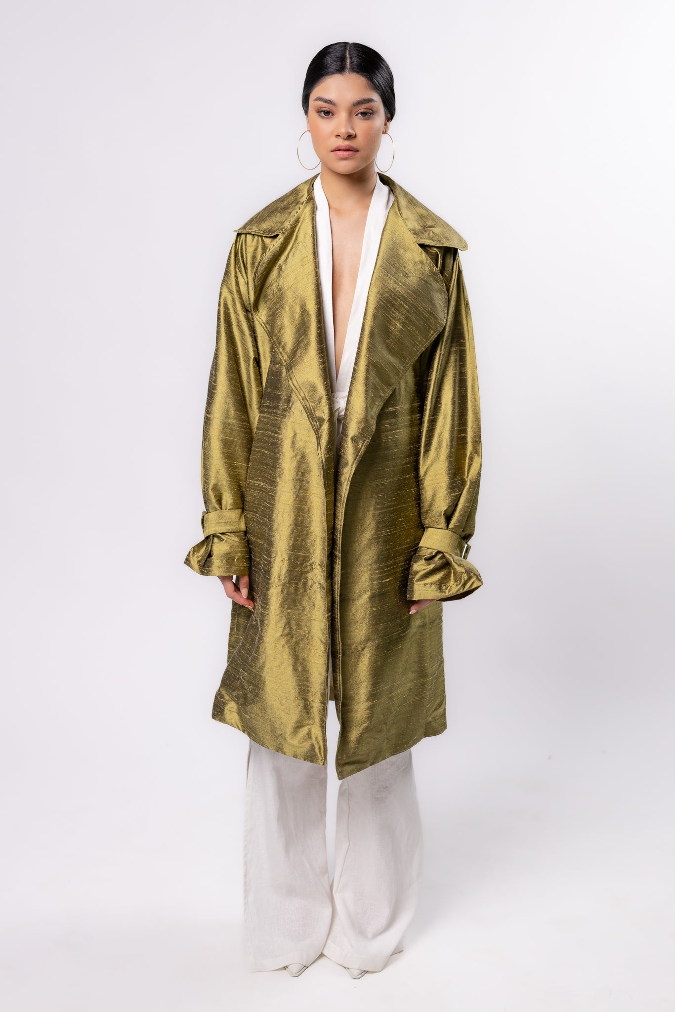 GABARDINA SHANTUNG | VERDE OLIVO METALICO MUJER