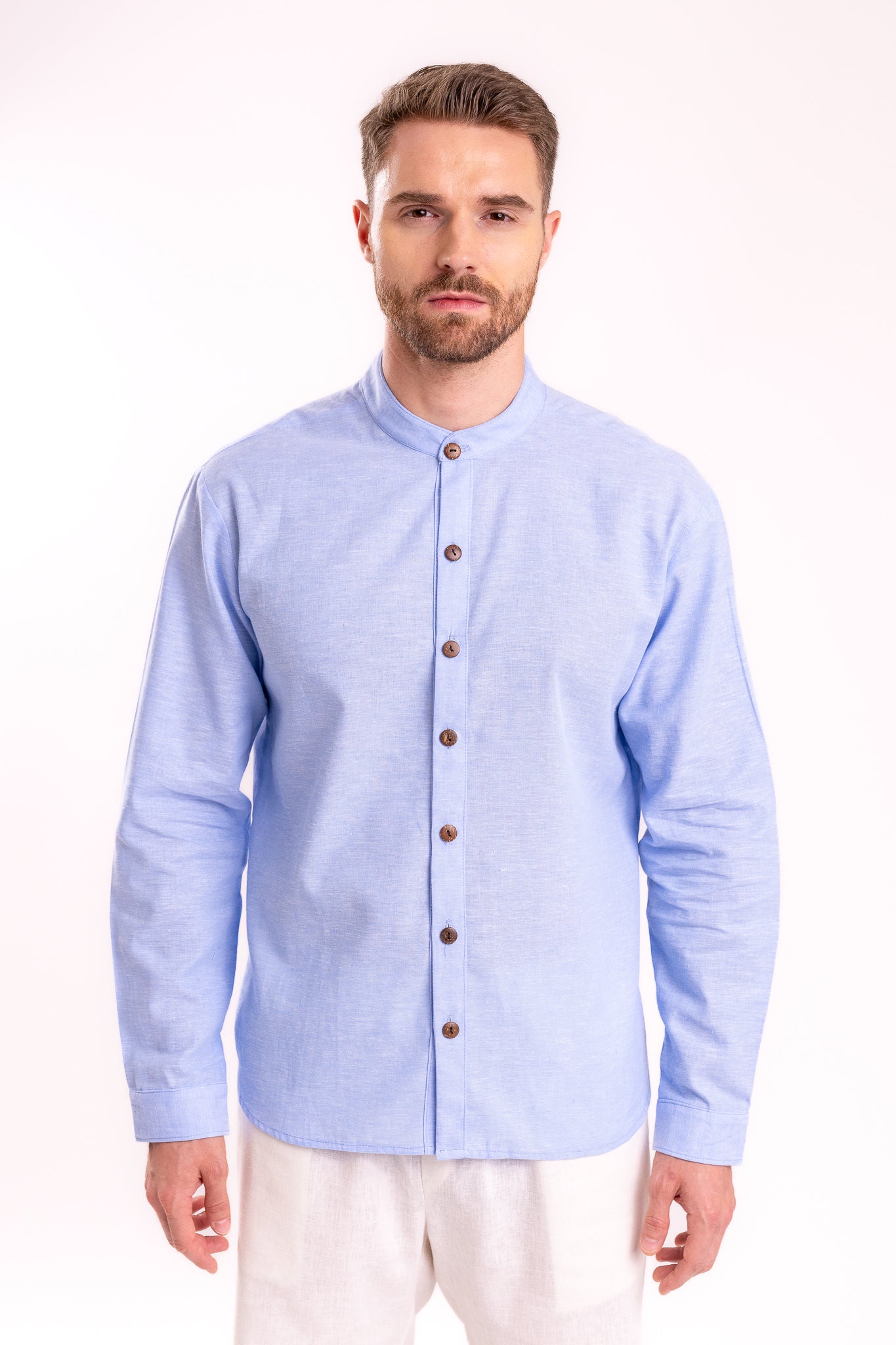 CAMISA LINO CUELLO MAO | AZUL CIELO